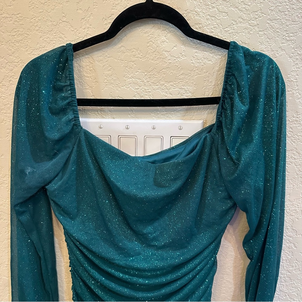 Jump Apparel XL Green Glitter Ruched Mesh Mini Bodycon Long Sleeve Holiday Dress - Picture 5 of 9